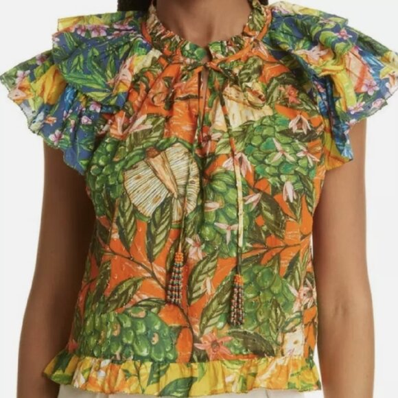 FARM Rio Caipirinha Tropical Floral Multi Ruffle Sleeve Blouse XS $159 - Picture 1 of 8